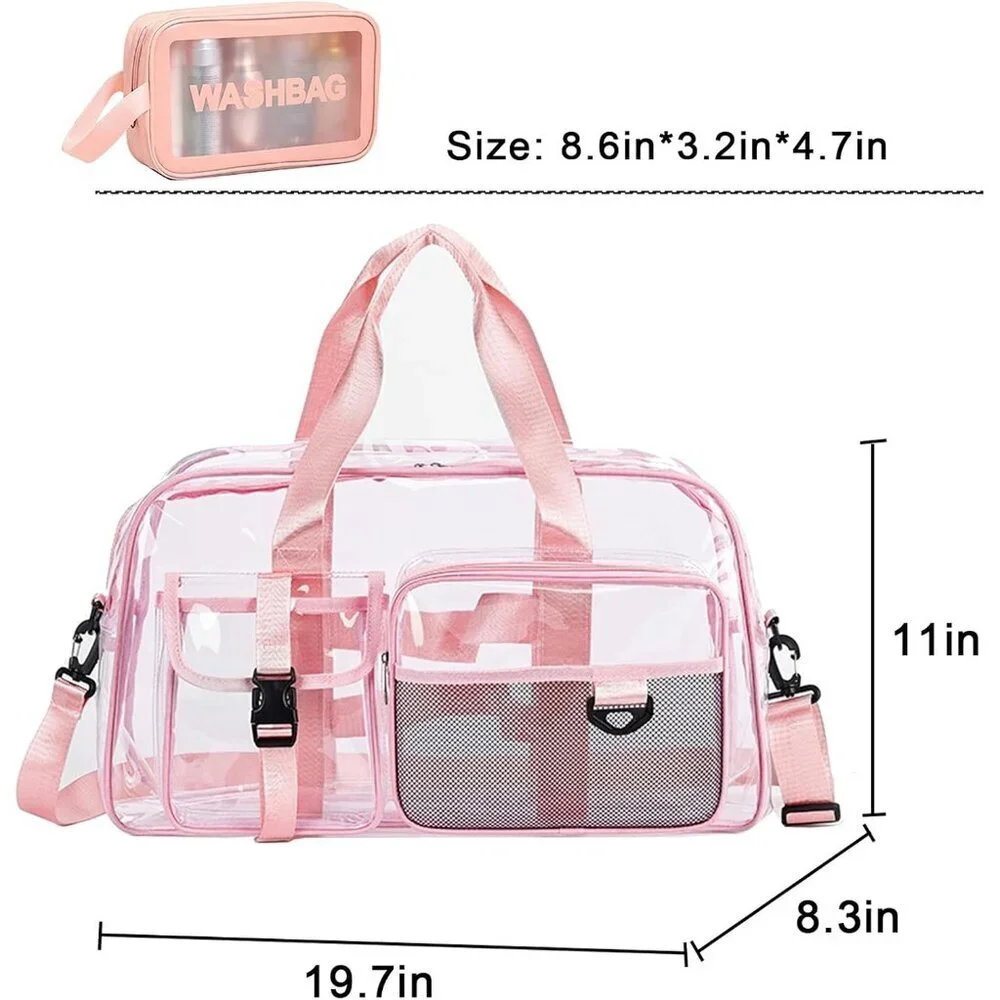Women Clear-Pink Small Gym Carry On Weekender Travel Duffle Shoe Compartment Bag - Picture 2 of 5